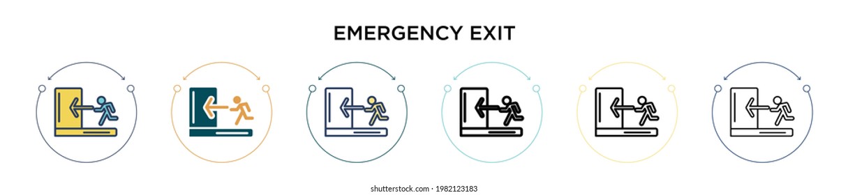 Icono de salida de emergencia en el estilo relleno, delgado, contorno y trazo. Ilustración vectorial de dos iconos de los vectores de salida de emergencia de color y negro se puede utilizar para móviles, ui, web