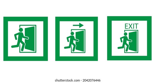 Emergency exit icon in frame. Green running man and exit door sign on white background. Vector illustration. Stock image.