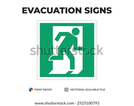 Emergency exit icon. Exit here. Right. Universal symbol for sage evacuation used in public buildings. Safety signage vector with green background.