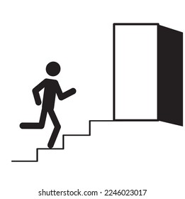 das Symbol für den Notausgang, ein Piktogramm für menschliche Figur, führt die Treppe hinauf zum Notausgang