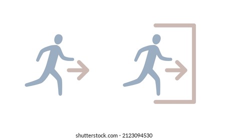 Icono de salida de emergencia, conjunto de ilustraciones de hombre y flecha en ejecución.