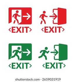 Conjunto de iconos de salida de emergencia. Señales de evacuación para seguridad con una persona corriendo, una ilustración de símbolo de puerta y una flecha.