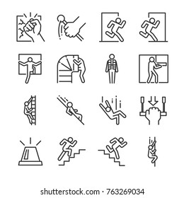Emergency Exit Icon Set. Included The Icons As Evacuation, Run, Escape, Alarm, Life Jacket, Chute And More.