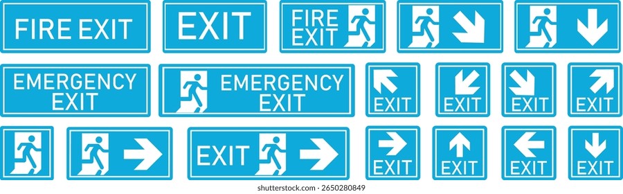 Emergency Exit Icon set. Vector illustration of running man and exit door sign. Escape and evacuation symbol. Various exit sign isolated white background.Evacuation and relocation of people to safety.