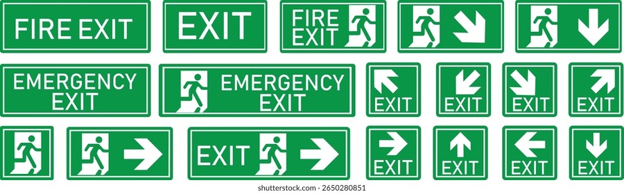 Emergency Exit Icon set. Vector illustration of running man and exit door sign. Escape and evacuation symbol. Various exit sign isolated white background.Evacuation and relocation of people to safety.