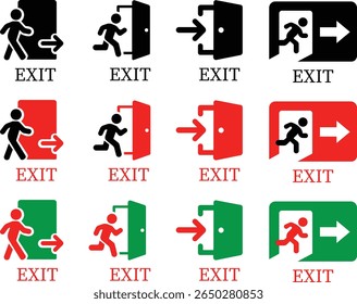 Ícone de saída de emergência definido. Ilustração vetorial de homem correndo e sinal da porta de saída. Símbolo de fuga e evacuação. Vários sinal de saída isolado fundo branco.Evacuação e relocação de pessoas para a segurança.
