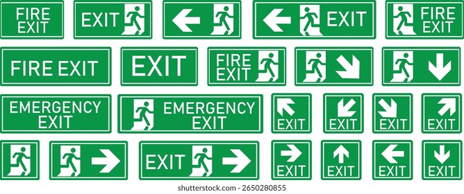Emergency Exit Icon set. Vector illustration of running man and exit door sign. Escape and evacuation symbol. Various exit sign isolated white background.Evacuation and relocation of people to safety.