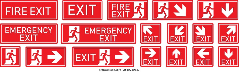 Emergency Exit Icon set. Vector illustration of running man and exit door sign. Escape and evacuation symbol. Various exit sign isolated white background.Evacuation and relocation of people to safety.