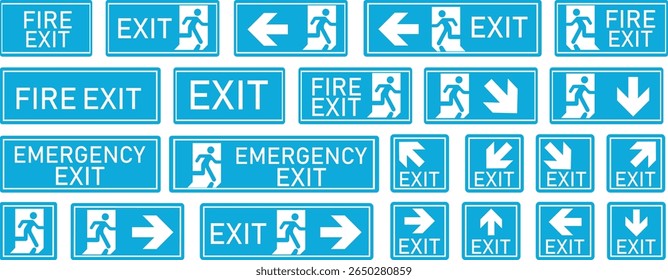 Emergency Exit Icon set. Vector illustration of running man and exit door sign. Escape and evacuation symbol. Various exit sign isolated white background.Evacuation and relocation of people to safety.