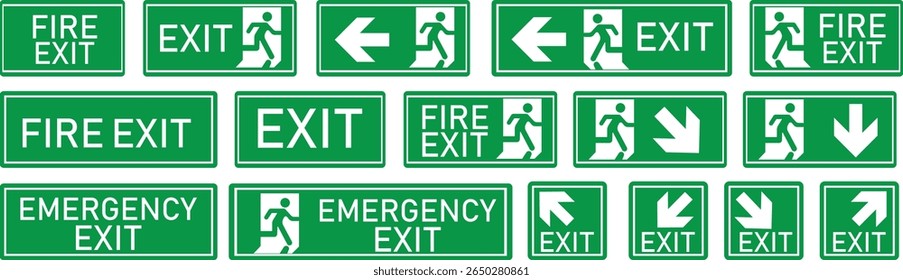 Emergency Exit Icon set. Vector illustration of running man and exit door sign. Escape and evacuation symbol. Various exit sign isolated white background.Evacuation and relocation of people to safety.