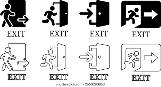 Emergency Exit Icon set. Vector illustration of running man and exit door sign. Escape and evacuation symbol. Various exit sign isolated white background.Evacuation and relocation of people to safety.