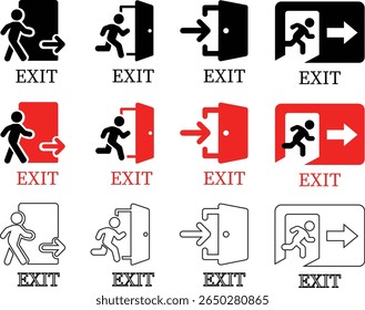 Emergency Exit Icon set. Vector illustration of running man and exit door sign. Escape and evacuation symbol. Various exit sign isolated white background.Evacuation and relocation of people to safety.