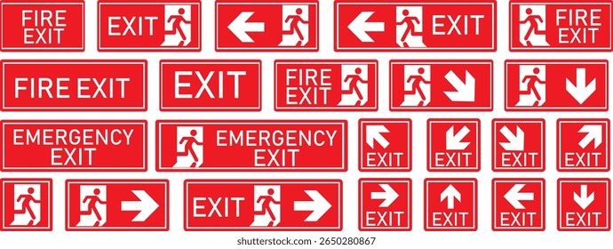 Emergency Exit Icon set. Vector illustration of running man and exit door sign. Escape and evacuation symbol. Various exit sign isolated white background.Evacuation and relocation of people to safety.