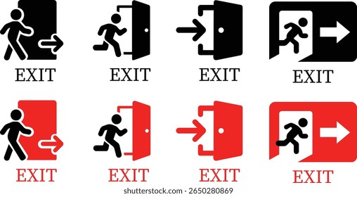 Emergency Exit Icon set. Vector illustration of running man and exit door sign. Escape and evacuation symbol. Various exit sign isolated white background.Evacuation and relocation of people to safety.