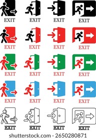 Emergency Exit Icon set. Vector illustration of running man and exit door sign. Escape and evacuation symbol. Various exit sign isolated white background.Evacuation and relocation of people to safety.