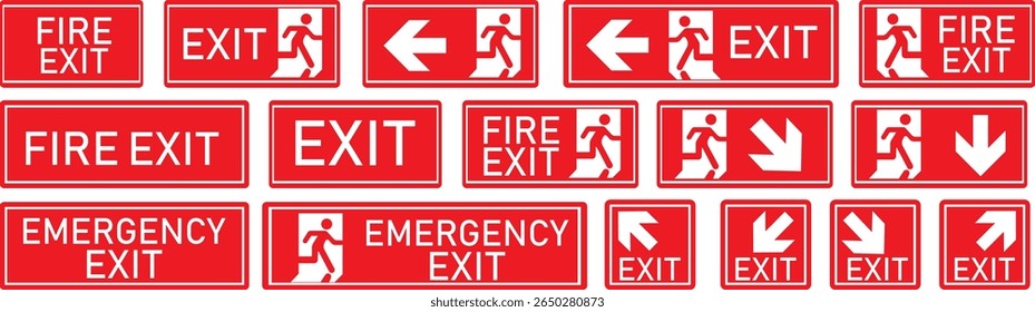 Emergency Exit Icon set. Vector illustration of running man and exit door sign. Escape and evacuation symbol. Various exit sign isolated white background.Evacuation and relocation of people to safety.