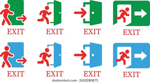 Emergency Exit Icon set. Vector illustration of running man and exit door sign. Escape and evacuation symbol. Various exit sign isolated white background.Evacuation and relocation of people to safety.