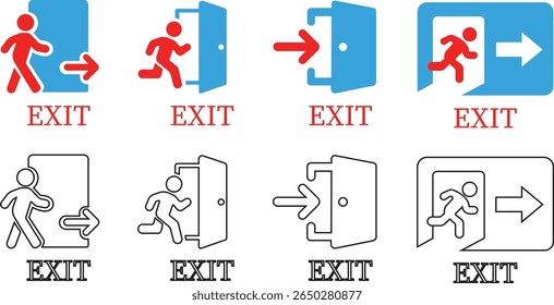 Emergency Exit Icon set. Vector illustration of running man and exit door sign. Escape and evacuation symbol. Various exit sign isolated white background.Evacuation and relocation of people to safety.