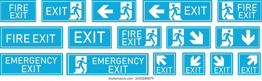 Ícone de saída de emergência definido. Ilustração vetorial de homem correndo e sinal da porta de saída. Símbolo de fuga e evacuação. Vários sinal de saída isolado fundo branco.Evacuação e relocação de pessoas para a segurança.