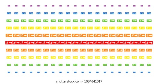 Emergency Exit icon spectral halftone pattern. Vector shapes arranged into halftone grid with vertical spectral gradient. Constructed for backgrounds, covers, templates and abstract concepts.