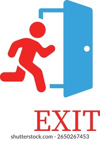 Emergency Exit Icon. Vector illustration of running man and exit door sign. Escape and evacuation symbol. Various exit sign isolated white background.Evacuation and relocation of people to safety.
