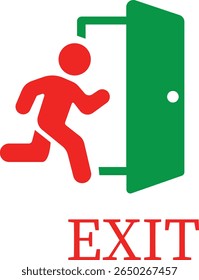 Ícone De Saída De Emergência. Ilustração vetorial de homem correndo e sinal da porta de saída. Símbolo de fuga e evacuação. Vários sinal de saída isolado fundo branco.Evacuação e relocação de pessoas para a segurança.