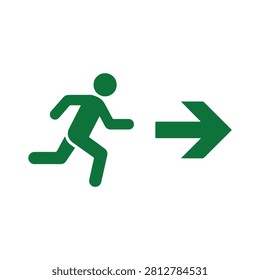 Emergency exit icon vector illustration. Running man figure going through green door with arrow direction, safety evacuation sign.