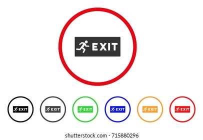 Emergency Exit icon. Vector illustration style is a flat iconic emergency exit grey rounded symbol inside red circle with black, gray, green, blue, red, orange color versions.