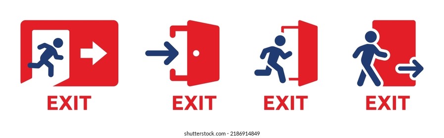 Emergency exit icon vector set. Evacuation sign for safety with people running, door and arrow symbol illustration.