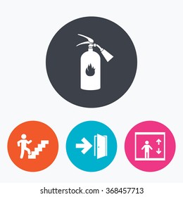 Emergency exit icons. Fire extinguisher sign. Elevator or lift symbol. Fire exit through the stairwell. Circle flat buttons with icon.