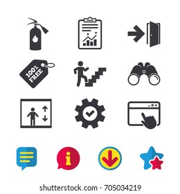 Emergency exit icons. Fire extinguisher sign. Elevator or lift symbol. Fire exit through the stairwell. Browser window, Report and Service signs. Binoculars, Information and Download icons. Vector