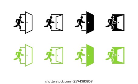 Emergency exit icons set: flat style vector illustrations of running figure and door.