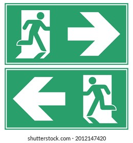 Emergency exit to the left - right sign vector illustration. Green international version of directional evacuation danger signage - High quality editable pictogram