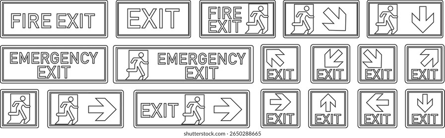 Emergency Exit line art Icon set.illustration of running man and exit door sign. Escape and evacuation symbol.Various exit sign isolated white background.Evacuation and relocation of people to safety.