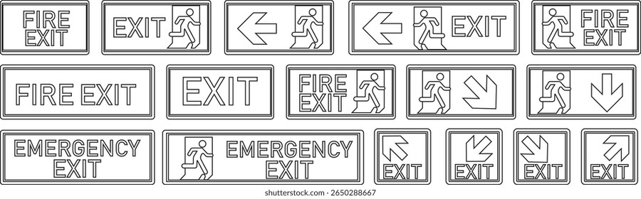 Emergência saída arte da linha Ícone set.illustration do homem correndo e sinal da porta de saída. Símbolo de fuga e evacuação.Vários sinal de saída isolado fundo branco.Evacuação e recolocação de pessoas para a segurança.