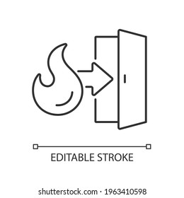 Emergency exit linear icon. Evacuation door. Arrow to doorway. Instructions label. Fire safety. Thin line customizable illustration. Contour symbol. Vector isolated outline drawing. Editable stroke