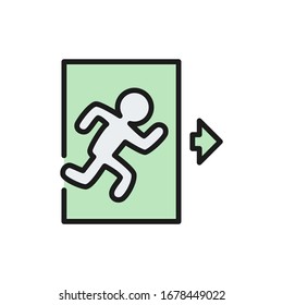 Emergency exit, man running out sign flat color line icon.