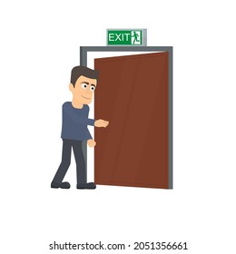 Emergency exit. Man walks out the door, vector illustration