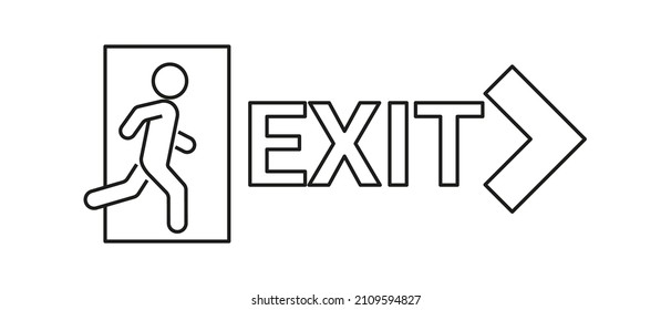 Emergency exit outline sign with arrow, exit person out door for protection. Man go out through door, warning sign. Vector illustration