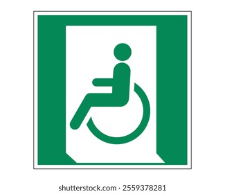 Emergency Exit for People Unable to Walk or with Walking Impairment (Left) Sign Featuring a Green Background with White Wheelchair Icon and Arrow, Available as a Vector File, ISO 7010 E026