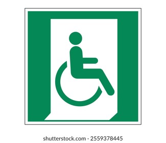 Emergency Exit for People Unable to Walk or with Walking Impairment (Right) Sign Featuring a Green Background with White Wheelchair Icon and Arrow, Available as a Vector File, ISO 7010 E030