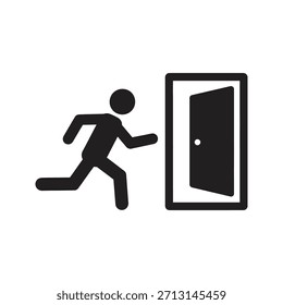 Salida de emergencia corriendo hombre puerta icono símbolo glifo sólido elemento de diseño de Vector evacuación escape señal de seguridad dejar huir edificio fuego peligro