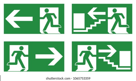 Emergency exit safety sign. White running man icon on green background - left, right and stairs version.