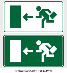 Emergency exit sign with business man figure holding a briefcase