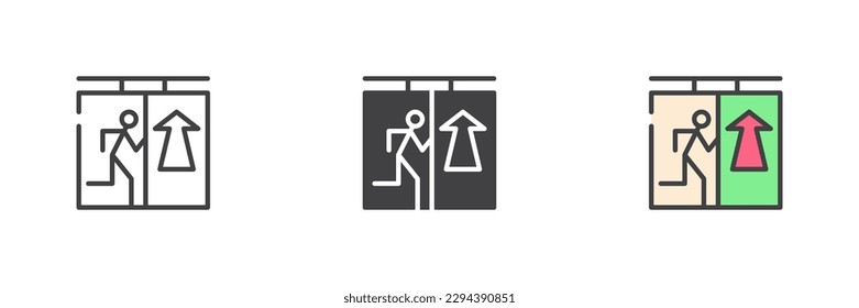 Emergency exit sign different style icon set. Line, glyph and filled outline colorful version, outline and filled vector sign. Symbol, logo illustration. Vector graphics