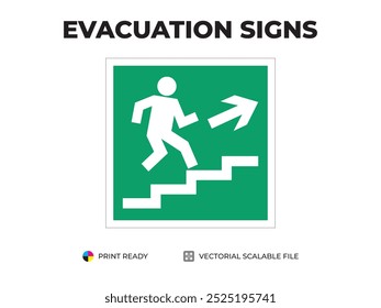 Sinal de saída de emergência. Direção para a saída de emergência por escadas, para cima. Símbolo universal para evacuação segura utilizado em edifícios públicos. Vetor de sinalização de segurança verde.