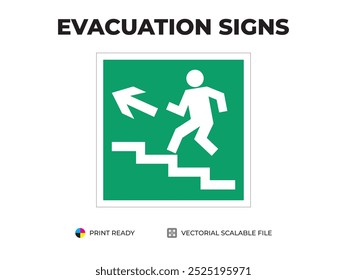 Sinal de saída de emergência. Direção para a saída de emergência por escadas, para cima à esquerda. Símbolo universal para evacuação segura utilizado em edifícios públicos. Vetor de sinalização de segurança verde.