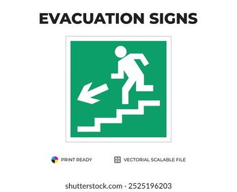 Emergency exit sign. Direction to the emergency exit by stairs, down left. Universal symbol for safe evacuation used in public buildings. Safety signage vector green.