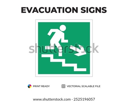 Emergency exit sign. Direction to the emergency exit by stairs, down right. Universal symbol for safe evacuation used in public buildings. Safety signage vector green.