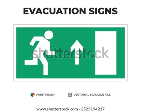 Emergency exit sign. Direction to the evacuation exit, up. Universal symbol for safe evacuation used in public buildings safety signage vector green.